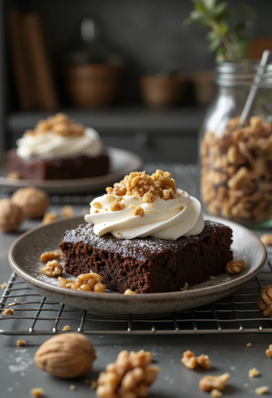 Walnoten-chocoladetaart versierd met geroosterde walnoten