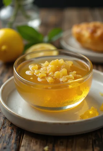 Honing-citroenglazuur met gember in een kom, versierd met schijfjes citroen en gember