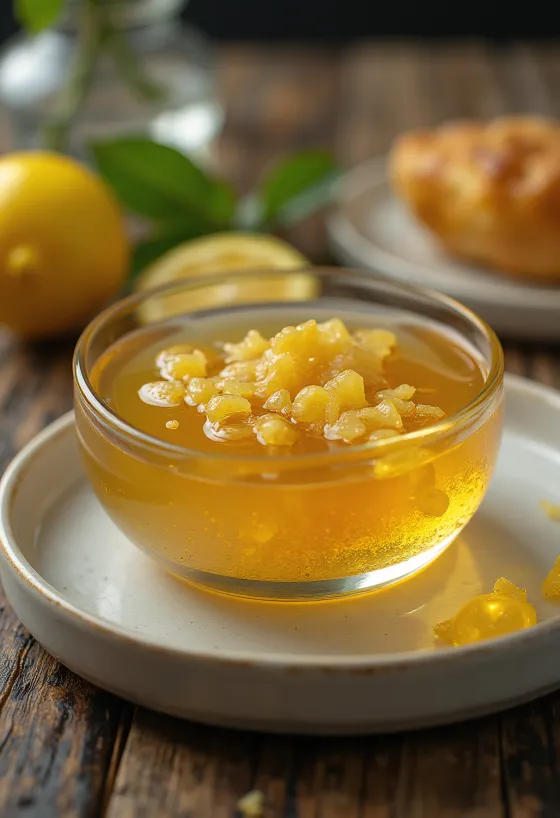 Honing-citroenglazuur met gember in een kom, versierd met schijfjes citroen en gember