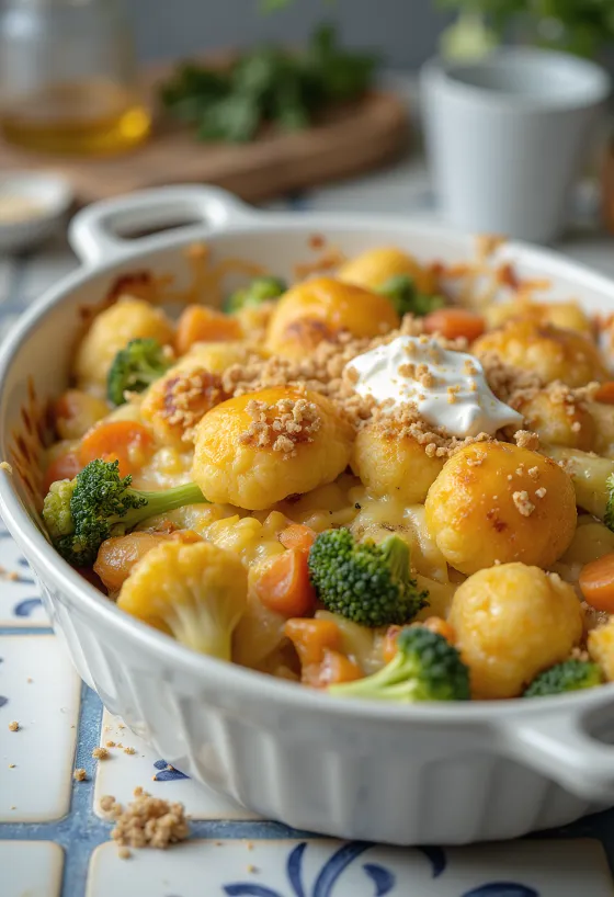 Groenteschotel met zacht gebakken groenten, romige saus en gesmolten kaas bovenop