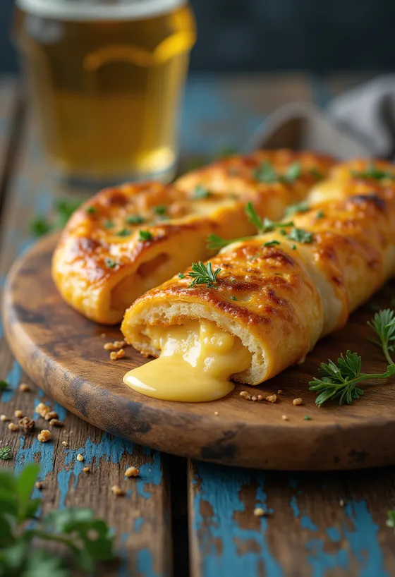 Stromboli met gerookte kaas geserveerd, rijkelijk belegd met gerookte kaas, knapperig van buiten en zacht van binnen.