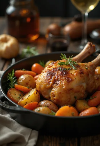 Geroosterde eendenbout geserveerd met knapperige huid en geroosterde groenten