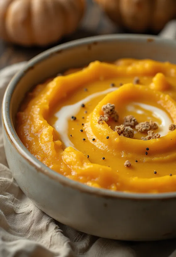 Oranje pompoenpuree in een kom