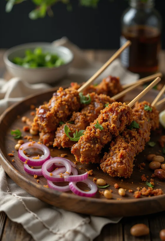 Suya met pinda-kruidenmengsel, gegrild vlees geserveerd