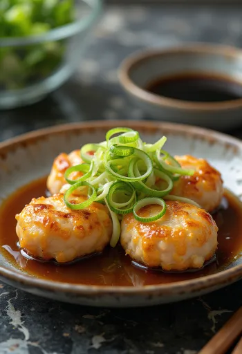 Tsukune met tofu geserveerd, Japanse balletjes met lente-ui en gebakken uitjes.