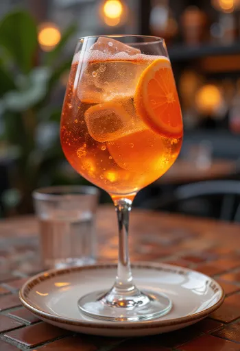 Aperol Spritz versierd met sinaasappelschijfje en ijsblokjes