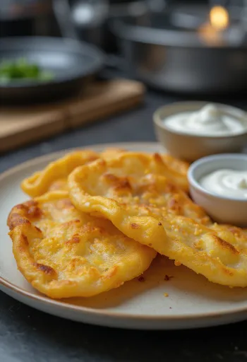 Goudbruin gebakken lángos met aardappel geserveerd met knoflookroom en geraspte kaas.
