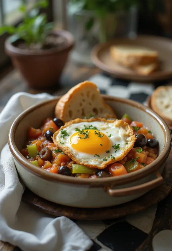 Caponata in Catanese stijl geserveerd met gebakken aubergine, selderij en olijven