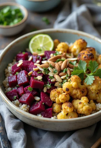 Buddha bowl met rode biet, bloemkool en limoen