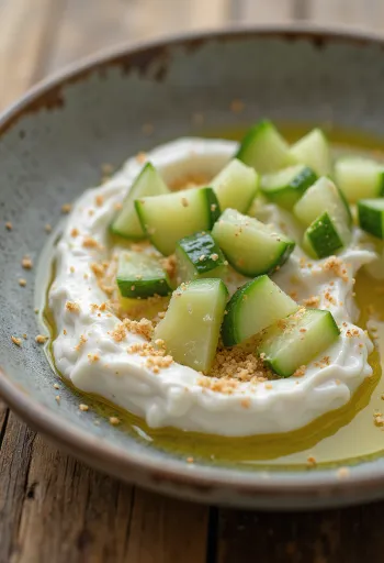 Kurut met gedroogde munt, geserveerd met komkommer en knoflook