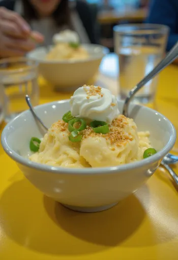 Gestoomde sundae, versierd met kaneel, zure room en sesamzaad