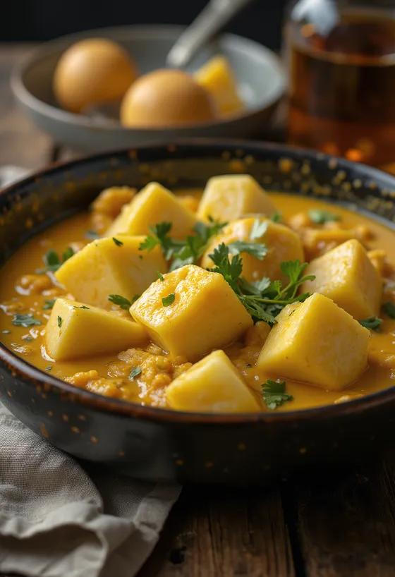 Pittige auberginecurry geserveerd