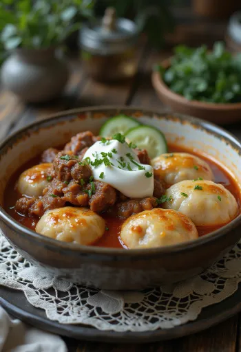 Pörkölt met schapenkaas-dumplings en komkommersalade geserveerd