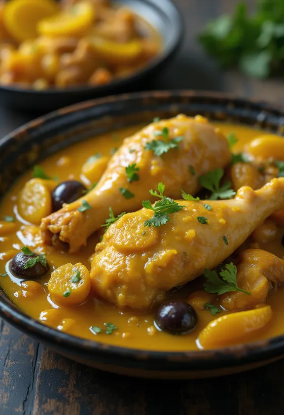 Kip tagine met ingelegde citroen geserveerd in een traditionele tagine