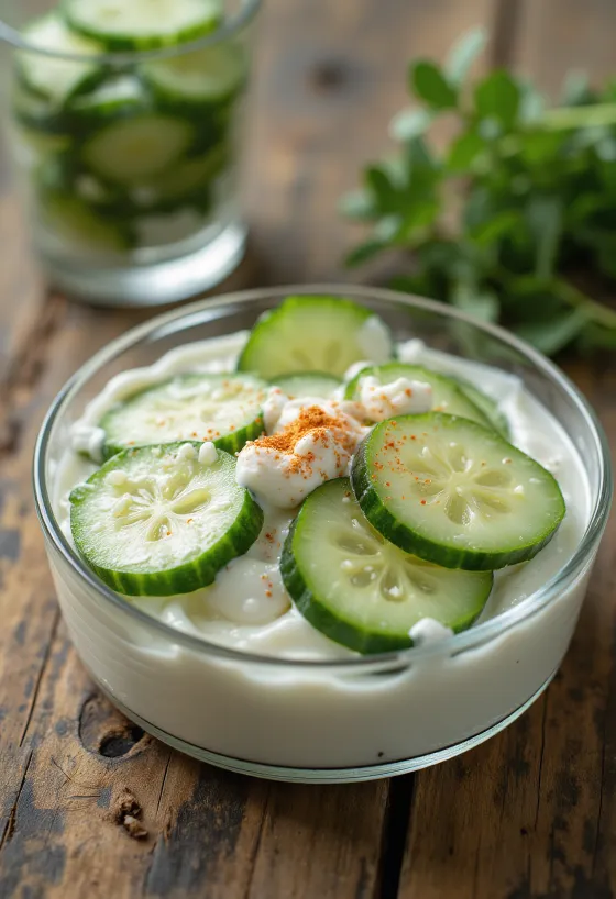 Frisse komkommersalade met zure room, bestrooid met knoflook en paprikapoeder, geserveerd in een witte kom