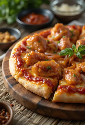 Barbecue chicken pizza met gegrilde kip en rode ui