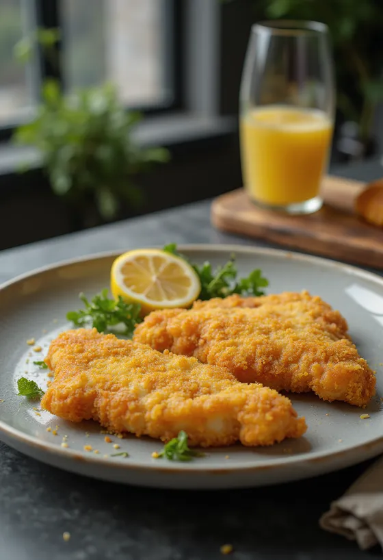 Knapperige Wienerschnitzel geserveerd met citroen en peterselieaardappelen