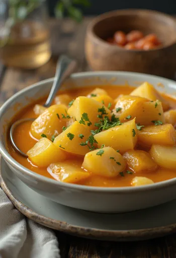 Aardappelstoof in dikke, romige saus, bestrooid met verse peterselie