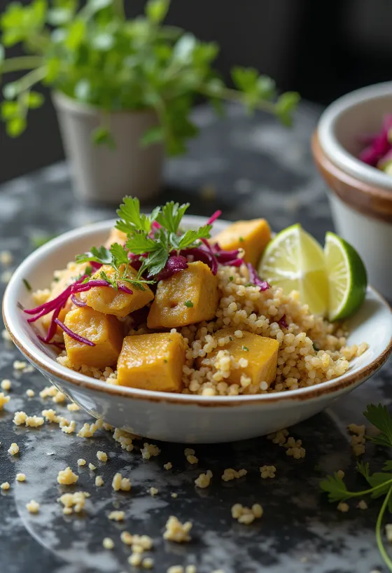 Quinoa-curry met rode biet en limoentofu geserveerd