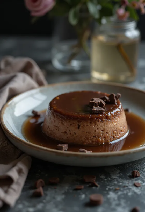 Flan met chocolade, geserveerd met karamelsaus