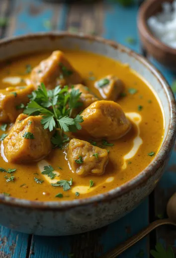 Rundvleescurry geserveerd met kokosmelk en kruiden