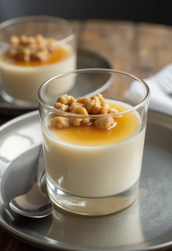 Geserveerde panna cotta met honing en walnoten