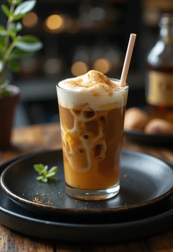 Honing-rum frappé, romige koffie met slagroom en kaneel