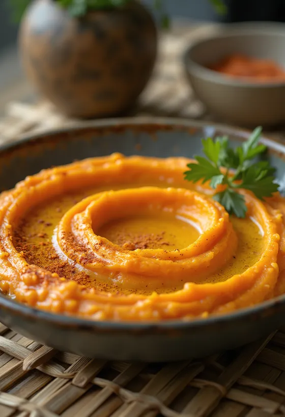 Pittige wortelhummus geserveerd