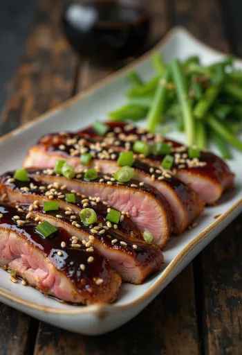 Teriyaki eend, eendenborst in Japanse stijl met saus en sesamzaad