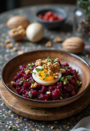 Caponata met bieten en walnoten, geserveerd in een rustieke kom