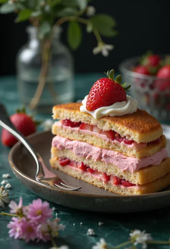 Taart met aardbeiencrèmevulling versierd met verse aardbeien
