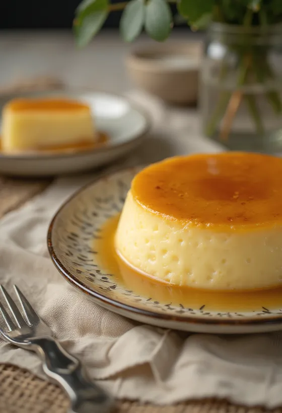 Klassieke flan, geserveerd met karamelsaus