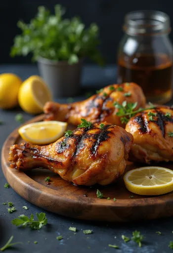 Gegrilde kippenbouten goudbruin gebakken, met krokant vel en versierd met verse kruiden