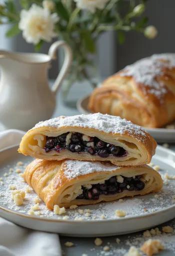 Vers gebakken maanzaadstrudel met knapperig deeg, in plakken gesneden, bestrooid met poedersuiker