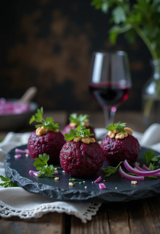 Pkhali met bieten, geserveerd als kruidige walnootballetjes met verse koriander