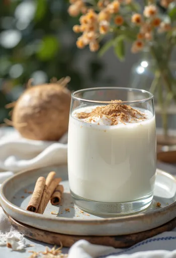 Kefir met kokos en kaneel in een glas, lichtgekleurd romig drankje bestrooid met kokosrasp en kaneel