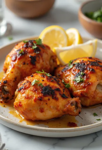 Tandoori kip gebakken in yoghurtmarinade, geserveerd met verse kruiden