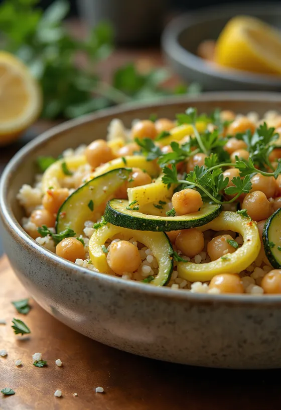 Courgette buddha bowl met quinoa en verse groenten.