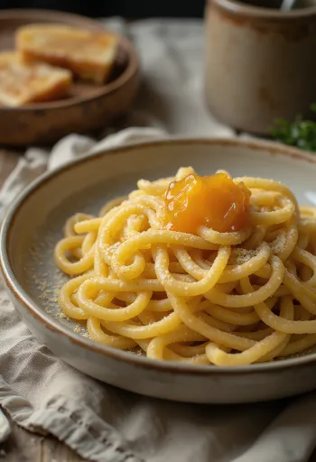 Pasta met griesmeel bestrooid met poedersuiker en jam