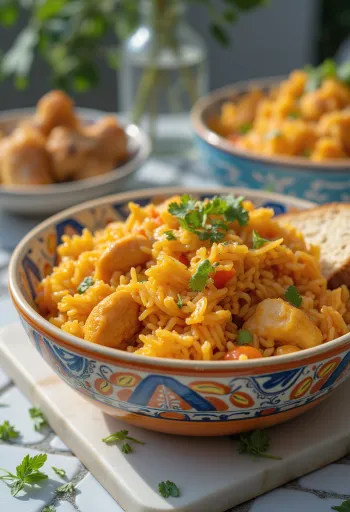 Jollof rijst geserveerd met kip