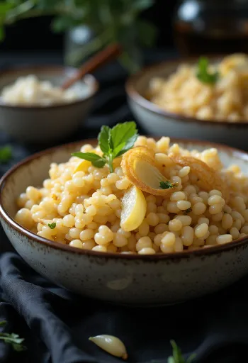 Kasha met knoflook, geserveerd in een eenvoudige pot, de fijne kasha is goed zichtbaar