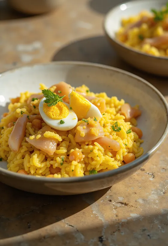 Kedgeree geserveerd met gerookte vis en gekookt ei