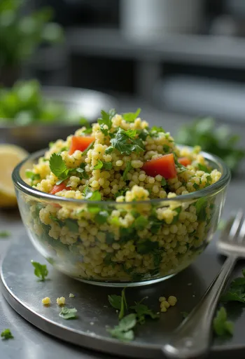 Quinoa tabouleh met verse groene kruiden geserveerd