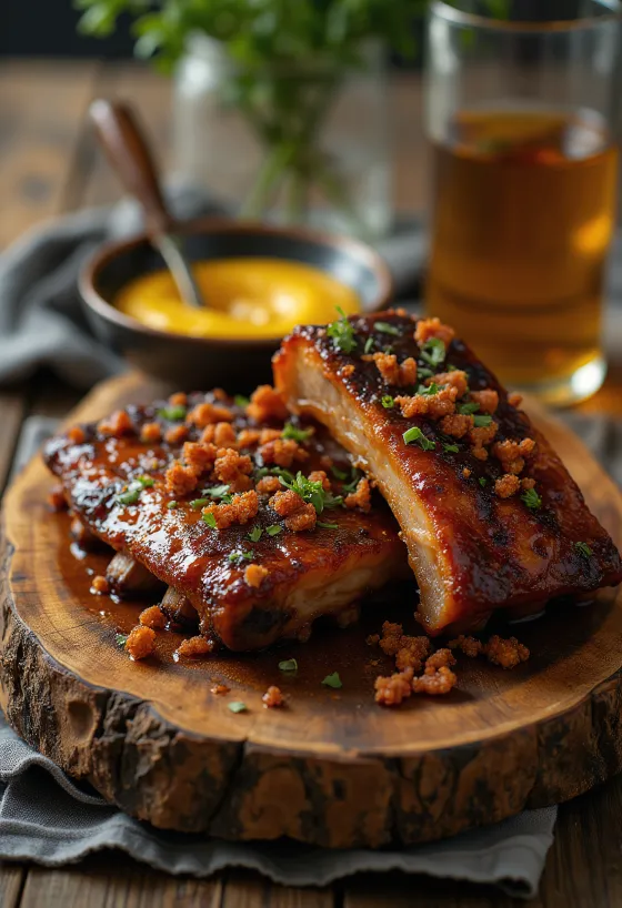Kruidige spareribs uit de oven, geserveerd met gebakken aardappelen en salade