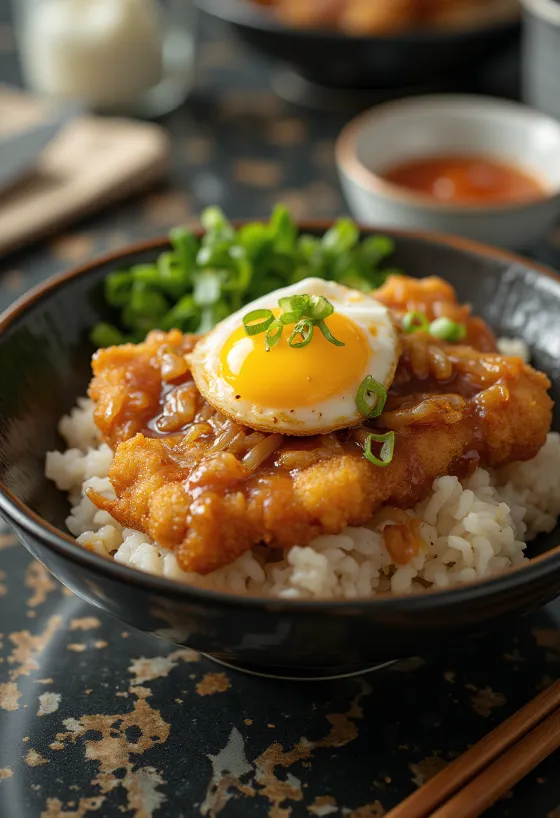 Katsudon met gebakken ei, geserveerd met krokante kip en ei