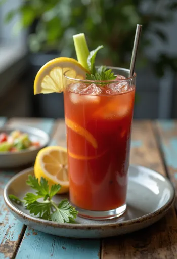 Bloody Mary cocktail versierd met bleekselderij en citroenschijfje