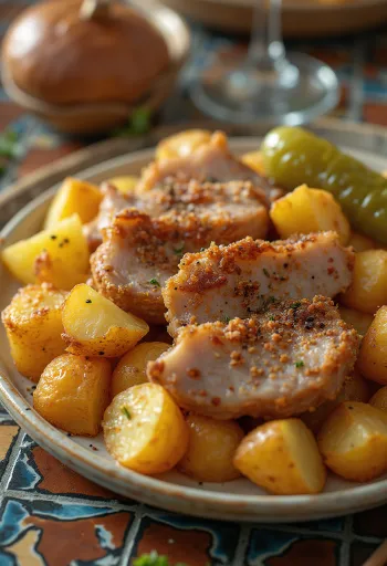 Vers gebakken Brassói varkensvlees met aardappelblokjes en kruiden.