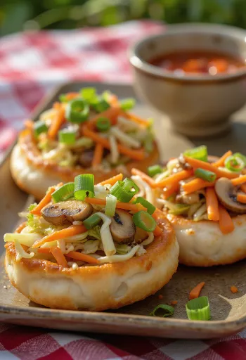 Chinese gebakken groentebaozi met knapperige bodem, geserveerd met groentevulling