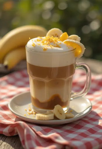 Sinaasappel-banaan latte, romige koffie versierd met sinaasappelschil
