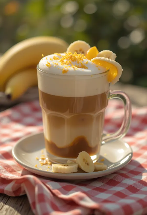 Sinaasappel-banaan latte, romige koffie versierd met sinaasappelschil